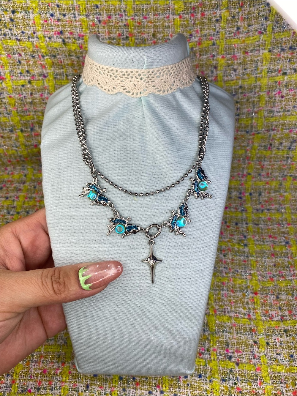 Silver Chain Necklace with Turquoise Floral Accents and Star Drop
